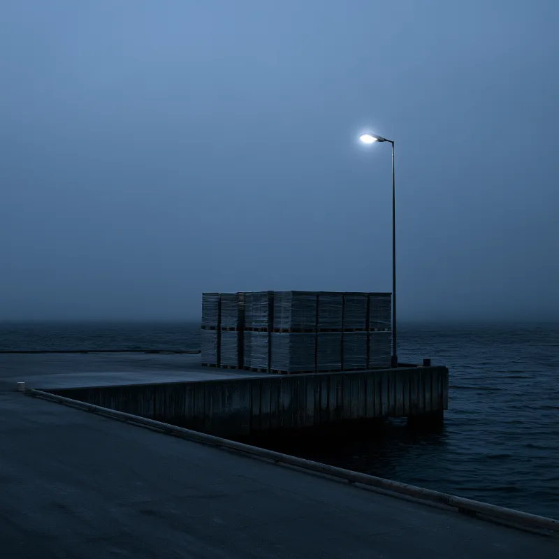 Pallets of stock on a quayside under a single lamp at blue hour