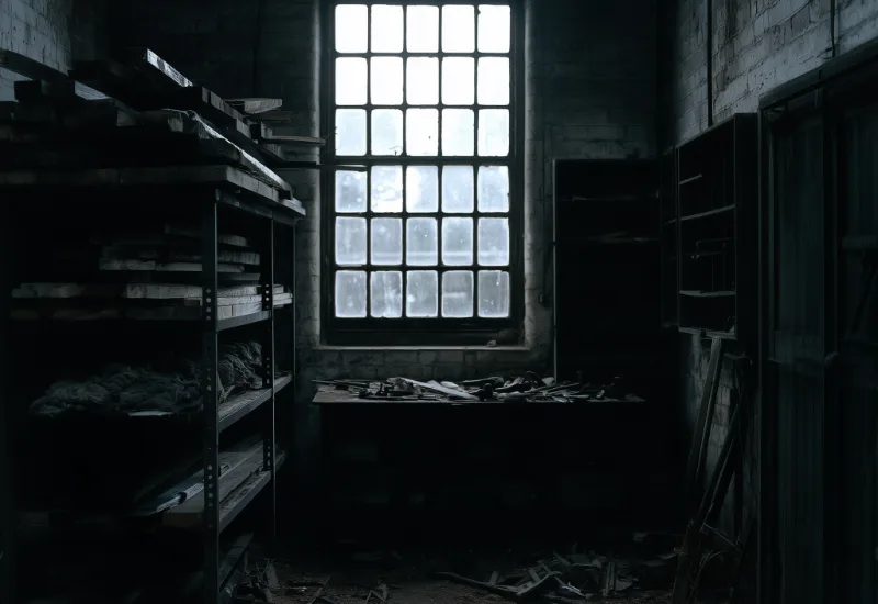 A workshop interior with timber racks and hand tools beneath a tall window