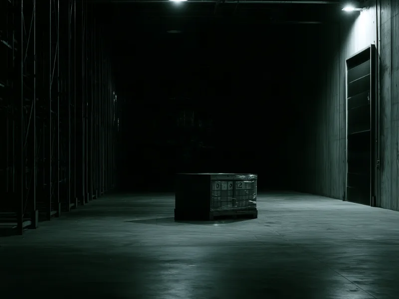 A single wrapped pallet in an empty warehouse hall